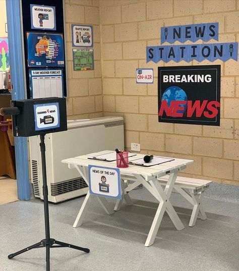 News Dramatic Play, News Station Dramatic Play, Weather Station Dramatic Play, Community Helper Dramatic Play, Community Helper Lesson, Winter Stem Activities, Dramatic Play Themes, Role Play Areas, Reggio Classroom