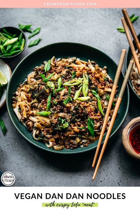 These Vegan Dan Dan Noodles with a crispy, caramelized tofu-mushroom-walnut “meat” are heavenly. Served in a spicy, broth-y sauce over rice noodles with boy choy and green onion, I can’t imagine a better weeknight dinner! Boy Choy, Dan Dan Noodles Recipe, Sauce Over Rice, Chinese Noodle Dishes, Crowded Kitchen, Tofu Noodles, Dan Dan Noodles, Vegan Comfort Food, Green Onion