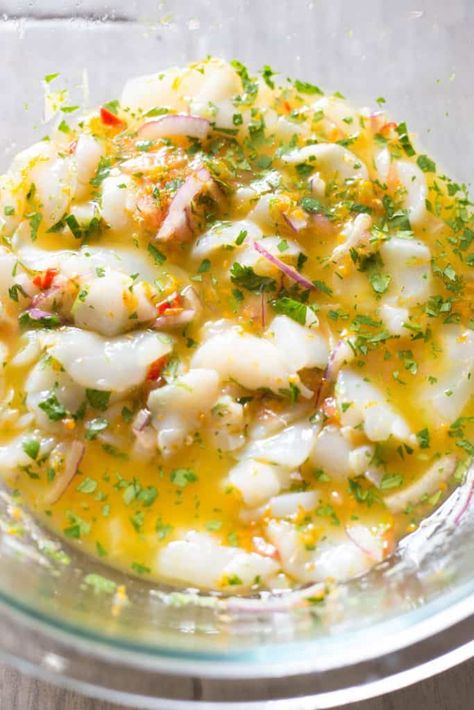 Scallop Ceviche Recipe, Best Ceviche Recipe, Summer Ceviche, Ceviche Ingredients, Texas Recipes, Scallop Ceviche, Ceviche Recipe, Urban Cowgirl, Shrimp Ceviche