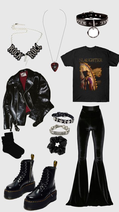 Heavy Metal Outfit Ideas, Metal Astethic Outfits, Metal Rock Aesthetic Outfit, Outfit Ideas Metalhead, Classic Rock Aesthetic Outfits, Metalcore Outfit, Black Rocker T-shirt For Alternative Fashion, Rocker Outfits, Glam Rock Outfits