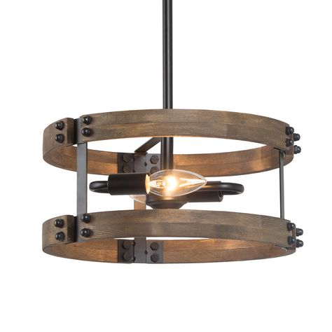 Sezeven 2-light Milo collection inspired by a wooded pillar, this farmhouse wood drum chandelier is a mid-century design that allows for decorating versatility. This piece is easily convertible and will create two distinct lighting options with one fixture: pendant or semi-flush. The distressed dark wood brown look of matte black iron brings a vintage feel to the fixture and your home. Uolfin Marven 2-Light Distressed Wood Brown and Matte Black Drum Farmhouse Cage Chandelier | N7RRJB-LWS23878-Y7 Entry Lighting Ideas, Wood Element, Farmhouse Chandelier Lighting, Cage Chandelier, Island Chandelier, Farmhouse Pendant Lighting, Unique Chandeliers, Island Pendant Lights, Wood Pendant Light