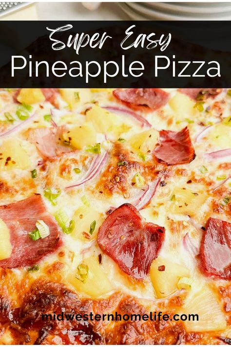 This easy Pineapple Pizza recipe is a delicious combo of juicy pineapple, savory ham, red and green onions, rich BBQ sauce, and melty mozzarella cheese on a perfectly crispy crust. Fast and easy 30-minute dinner recipe for your next pizza night. Ham Pizza Recipes, Pizza Hawaiian, Hawaiian Pizza Recipe, Pineapple Pizza Recipes, Ham And Pineapple Pizza, Fast And Easy Dinner, Ham And Pineapple, Breakfast Bakes, Reheat Pizza