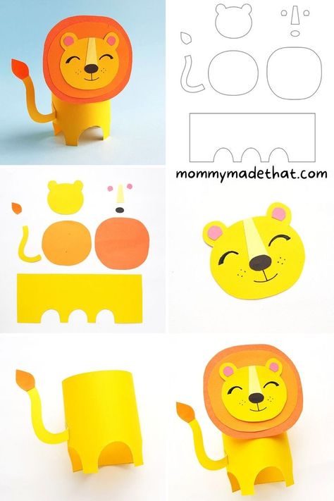 Lion School Project, 3 D Animals Craft, Paper Craft For Kindergarten, 3d Lion Craft, Easy Printable Crafts, Lion Art Projects For Kids, Lion Art And Craft, Lion Template Free Printable, Preschool Lion Craft