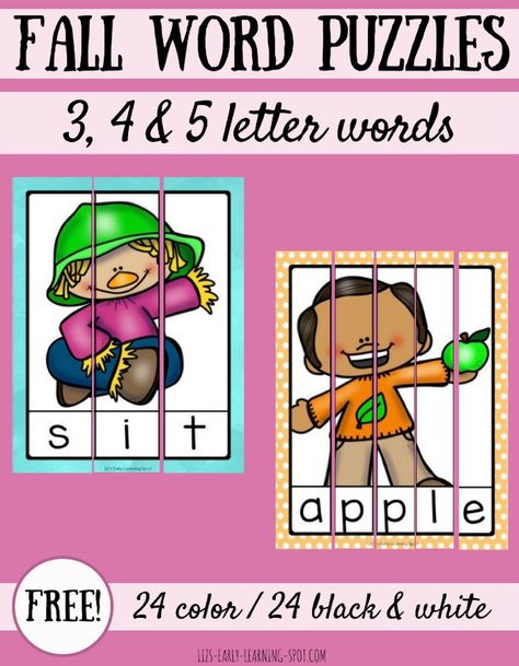 Fall Kindergarten Activities, Word Puzzles For Kids, Magic E Words, Autumn Projects, Free Educational Printables, Fall Words, Cvce Words, Kindergarten Readiness, Fall Kindergarten