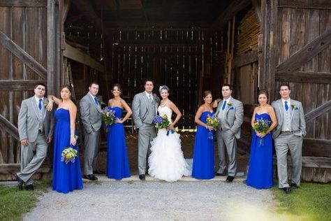 Bright Royal Blue and Metallic Silver Winter Wedding Color Ideas - ColorsBridesmaid Silver Winter Wedding, Royal Blue Wedding Theme, Royal Blue Bridesmaids, Royal Blue Bridesmaid Dresses, Grey Suits, Gray Flower, Winter Wedding Colors, Royal Blue Wedding, Blue Themed Wedding