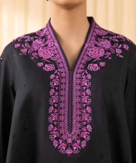 Collection - Sapphire Collection Look festive ready with our three-piece embroidered ensemble in black and pink featuring a cross hatch shirt, cambric pants and a bemberg tissue dupatta. Shirt: Dyed Embroidered Cross Hatch Shirt Front & Sleeves 1.85M Dyed Cross Hatch Shirt Back 1.15M Embroidered Neckline & Pockets 3PC Embroidered Borders 2PC Fabric: Cross Hatch Colour: Black Dupatta: Printed Bemberg Tissue Dupatta 2.5M Fabric: Bemberg Tissue Colour: Black & Pink Trousers: Dyed Cambric Tr... Embroidery On Pink Fabric, Experimental Dresses, Tissue Dupatta, Black Dupatta, Fabric Cross, Embroidery Boutique, Flower Machine Embroidery Designs, Winter Suits, Embroidery Wedding