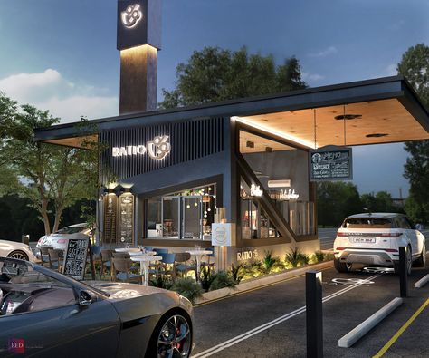 Ratio Drive Thru on Behance Coffee Shop With Drive Thru, Drive Thru Design Ideas, Drive Through Restaurant Design, Drive Thru Cafe Design, Coffee Shop Drive Thru Design, Drive Through Coffee Shop Design, Drive Thru Coffee Shop Design, Cafe Drive Thru, Drive Thru Design