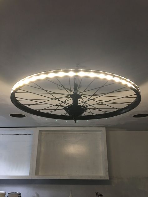 Bicycle Wheel Decor, Bicycle Parts Art, Wheel Lamp, Tube Lighting, Man Cave Lighting, Bike Room, Car Part Furniture, Wheel Decor, Kings Park