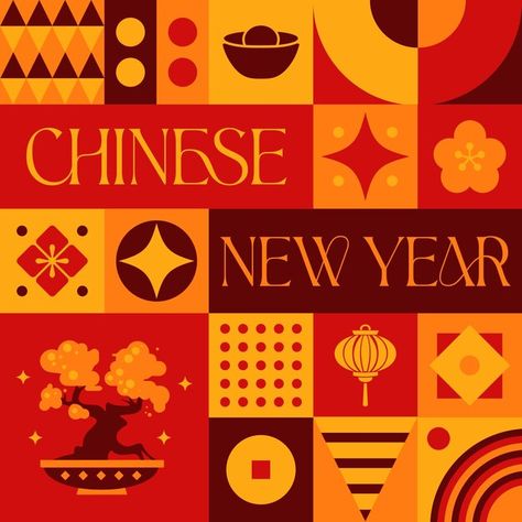 Chinese lunar new year seamless pattern ... | Premium Vector #Freepik #vector Chinese Design Pattern, Chinese New Year Design Illustration, Chinese New Year Graphic Design, Lunar New Year Poster, Chinese New Year Pattern, Chinese New Year Illustration, Chines New Year, Chinese Style Illustration, Asian New Year