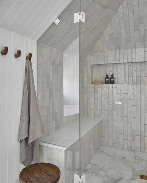 Sloped Ceiling Bathroom, Vertical Shiplap Wall, Wall Outside, Vertical Shiplap, Angled Ceilings, Tiled Floor, Slanted Ceiling, Shiplap Wall, Wall Niche