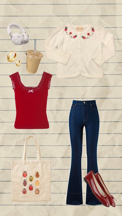 #ladybug #red #retro #aesthetic #outfit #fit #coffee #jeans Retro Aesthetic Outfit, Ladybug Aesthetic, Ladybug Outfits, Red Retro, Aesthetic Outfit, Retro Aesthetic, Aesthetic Outfits, Aesthetic Clothes, My Style