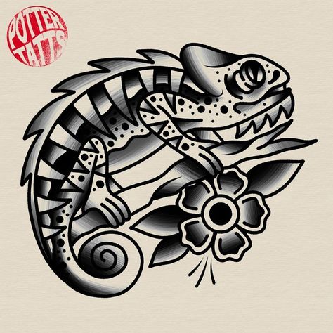 Traditional Stencil Tattoo, American Traditional Chameleon Tattoo, Lizard Traditional Tattoo, Old School Flash Tattoo, Geometric Owl Tattoo, Flesh Tattoo, Chameleon Tattoo, Traditional Tattoo Drawings, Animal Tattoos For Men