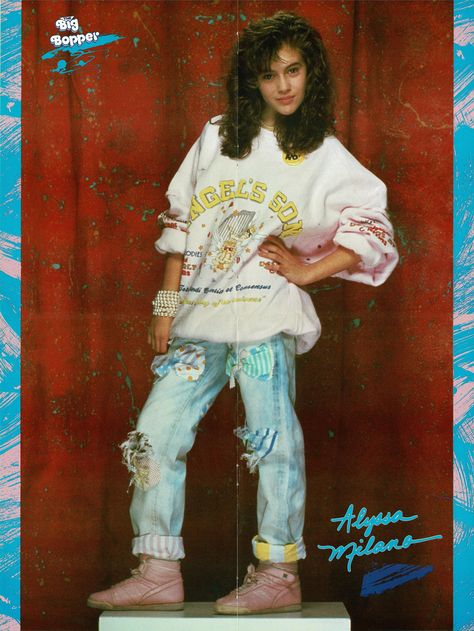 Alyssa Milano Big Bopper Angel's Song Sweatshirt Torn Jeans Pink Sneakers Alyssa Milano Young, Big Bopper, Girly 90s, 80s Pictures, 80s Outfits, 1980s Fashion Trends, Aqua Net, 80s Celebrities, 80s Fashion Trends