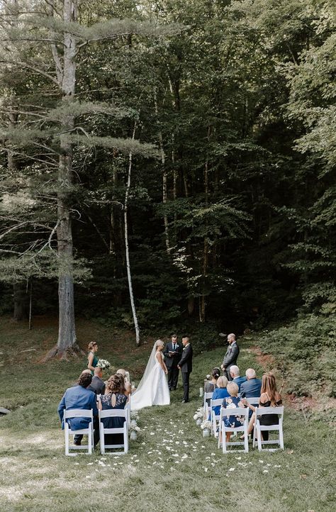 These two have the purest love ever. They opted for a small summer wedding in Vermont, and it was perfect! The bride's crepe dress was so modern and beautiful. Their bridals turned out perfect, and we had the best lighting. Their small ceremony and reception was so intimate and special! I love small weddings. #bridals #weddingdressinspo #crepeweddingdress #elopement #smallwedding #vermontwedding #weddingreception #outdoorreception #summerbridals #groomoutfit #bridalphotosinspiration #bridalideas Small Cabin Wedding, Backyard Wedding Aesthetic, Tiny Backyard Wedding, Small Summer Wedding, Backyard Intimate Wedding, Small Private Wedding, Backyard Cabin, Small Outdoor Wedding, Campground Wedding