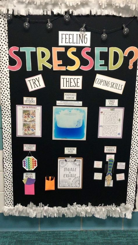 Tactile Bulletin Board Ideas, Therapy Office Bulletin Board, Staff Interactive Bulletin Board, Social Work Bulletin Board, Life Skills Bulletin Board, Coping Skills Bulletin Board, Sel Bulletin Board Ideas Elementary, Emotions Bulletin Board, Interactive Bulletin Boards Work