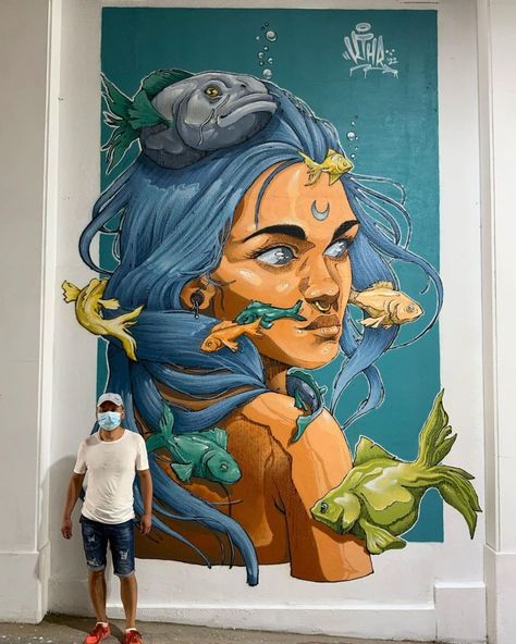 “Lady of the water” by KTHR at Fantasy Lake in Badalona, Spain Fantasy Lake, Sea Murals, Seni Mural, Wall Street Art, Italian Street, Wall Murals Painted, Murals Street Art, Graffiti Drawing, Diy Canvas Art Painting