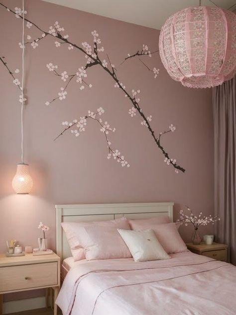 Peach Pink Room Decor, Cherry Blossom In Bedroom, Japanese Cherry Blossom Room Decor, Asian Theme Bedroom, Sakura Room Aesthetic, Low Bed Bedroom Ideas, Cherry Blossom Themed Room, Cherry Blossom Room Aesthetic, Traditional Japanese Bedroom Aesthetic