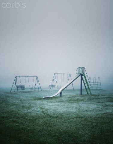 Children's playground on a foggy day Foggy Liminal Space, Nostalgic Playground, Creepy Playground, Foggy Places, Playground Aesthetic, Old Playground, Playground Photography, Scary Kids, Foggy Day