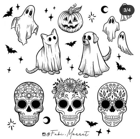 Halloween Tattoo Flash, Cute Halloween Tattoos, Ghost Tattoo, Theme Tattoo, Flash Sheet, Tattoos Geometric, Spooky Tattoos, Posca Art, Halloween Tattoo