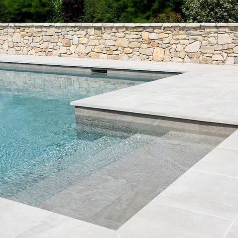 Pool Concrete, Waterline Pool Tile, Pool Tile Designs, Pool Paving, Pool Pavers, Rectangle Pool, Florida Pool, Travertine Pool, Stone Pool