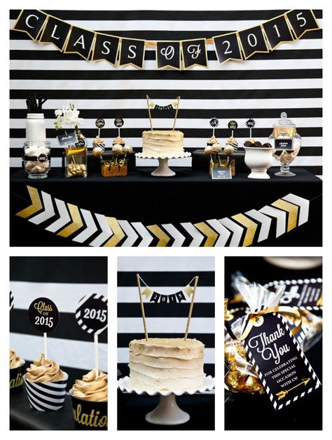 Black and Gold Graduation Party - Pretty My Party Graduation Party Black And Gold, Black And White Graduation Party, Black And Gold Graduation Party, Black And Gold Graduation, High School Graduation Party Decorations, College Grad Party, Gold Graduation Party, Graduation Party High, Graduation Open Houses