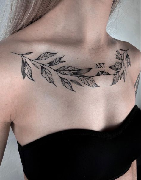 Vines On Chest Tattoo, Animal Collarbone Tattoo, Leaf Chest Tattoo Female, Chest Leaves Tattoo, Collarbone Leaves Tattoo, Ivy Collar Bone Tattoo, Leaves Chest Tattoo, Olive Branch Collar Bone Tattoo, Leaves Collar Bone Tattoo