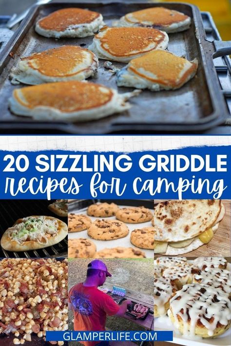 If you love camping, here are 20 reasons to make sure you pack a griddle on your next trip! We actually keep TWO different griddles in our RV - an electric griddle and a cast iron griddle that can go on the grill or over a campfire. Griddle recipes are easy and SO versatile! You can cook up delicious breakfasts, lunches, dinners and even dessert on your griddle top. Check out our post for some great recipe ideas! #camping #rvlife #glamperlife #rv #griddle #recipe Camping Dinners Grill, Best Blackstone Camping Recipes, Black Stone Griddle Recipes Camping, Easy Camping Meals On Griddle, Dinner On A Griddle, Camping Food On Griddle, Tailgate Griddle Recipes, Blackstone Grill Recipes For Camping, Flat Top Grill Recipes Camping