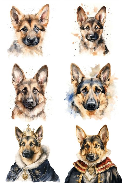 🐶 GERMAN SHEPHERD Watercolor Portraits. Puppy, adult and royal version. Watercolor dog memorial gift idea. 🎁 Shepherd Watercolor, German Shepherd Portrait, Shepherd Art, German Shepherd Art, Watercolor Dog Portrait, Portrait Watercolor, Dog Memorial Gift, Dog Wall Art, Watercolor Portrait