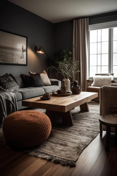 Black Wood Aesthetic Home, Grey And Natural Wood Living Room, Dark Cozy Home, Gray And Brown Living Room Ideas, Male Living Room Ideas, Moody Boho Living Room, Male Living Room, Doodle Landscape, Office Colours