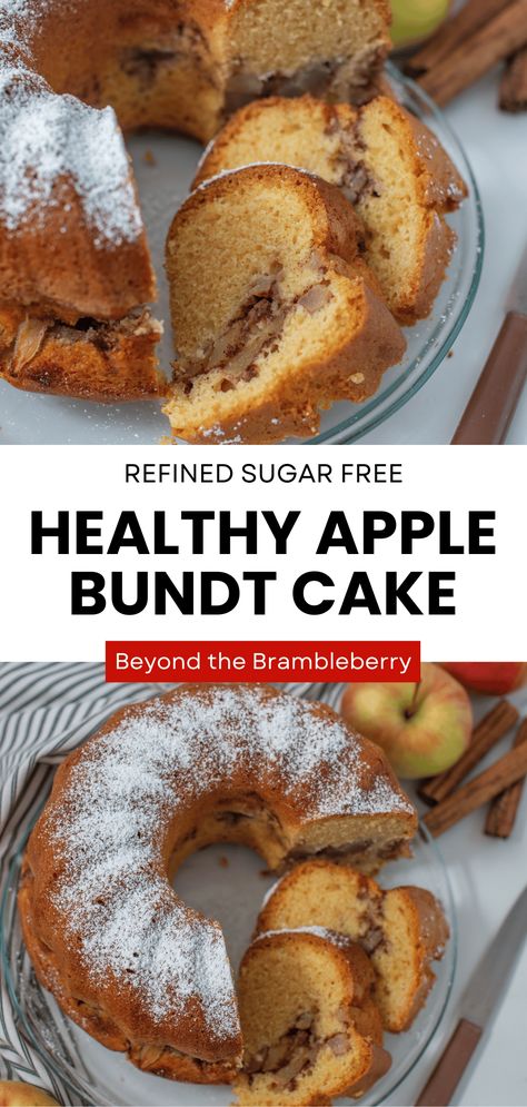 Healthy Apple Bundt Cake (Refined Sugar Free) — Beyond the Brambleberry Healthy Apple Bundt Cake, Healthy Bundt Cake Recipes Greek Yogurt, Healthy Honey Cake Recipe, Heath Bar Bundt Cake, Healthy Pumpkin Bundt Cake, Sugar Free Baked Apples, Apple Sauce Cake Healthy, Low Sugar Fall Desserts, Healthy Apple Cake Recipes Greek Yogurt