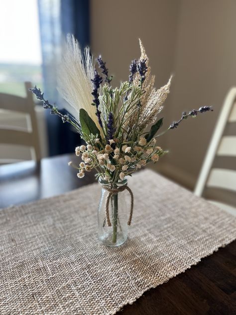 Dried Lavender Bouquet In Vase, Dried Lavender Centerpiece, Lavender Centerpieces Table Decorations, Lavender Centerpiece, Farmhouse Wedding Table, Fern Centerpiece, Western Centerpieces, Boho Tablescape, Lavender Centerpieces