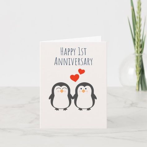 Happy 1st Anniversary Penguin Couple Card Cute Penguin Couple, Happy 30th Anniversary, Penguin Couple, Happy 3rd Anniversary, Cute Anniversary Gifts, Happy 4th Anniversary, 4th Wedding Anniversary, Anniversary Cards Handmade, Happy 10th Anniversary