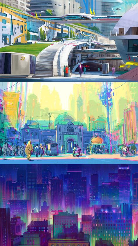 Spiderverse Concept Art City, Spiderverse Buildings, Spiderverse Storyboard, Spiderman Across The Spider Verse Scenes, Spiderman Across The Spider Verse Background, Spiderverse Official Art, Spiderman Across The Spider Verse Concept Art, Spiderverse Stills, Spiderverse Background Art