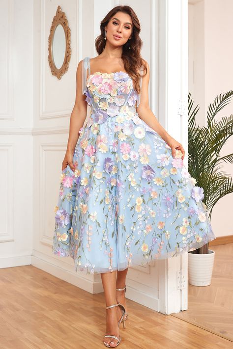 Tea Length Formal Dresses, Dress With 3d Flowers, Floral Ball Gown, Prom Dress A Line, Tea Length Prom Dress, Princess Bridal Gown, Outfits For Mexico, Fashionable Saree Blouse Designs, Blue Tea