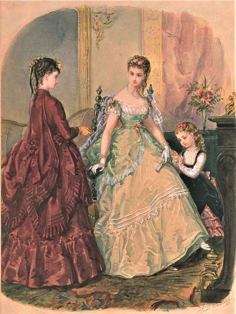 Fashion Plate - La Mode Illustree - 1869 1885 Fashion, Costume Design Sketch, 1870s Fashion, Victorian Era Fashion, Ancient Dress, 19th Century Clothing, Rococo Fashion, 1800s Fashion, 19th Century Fashion