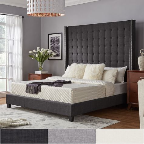 Marion Nailhead Wingback Tufted 84-Inch High Headboard Platform Bed by iNSPIRE Q Bold (Queen Size - Cream (Ivory) White Linen) Gray Walls Bedroom Decor, High Platform Bed, Bedding Trends, High Headboard Beds, Contemporary Beds, Monochromatic Bedroom, Gray Bedroom Walls, High Bed, High Headboard