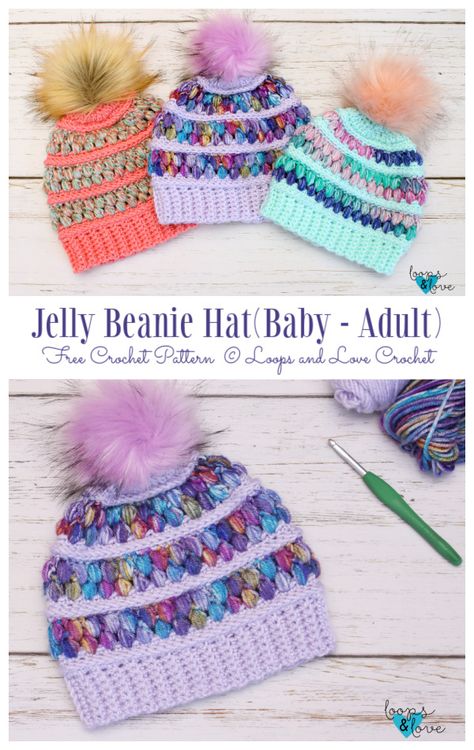 Fabulous Puff Stitch Hat Free Crochet Patterns - DIY Magazine Crochet Puff Stitch Hat Free Pattern, Kids Crochet Hats Free Pattern, Puff Stitch Beanie, Puff Stitch Hat, Crochet Craft Fair, Crochet Baby Cap, Girls Crochet Hats, Stitch Hat, Crochet Beautiful