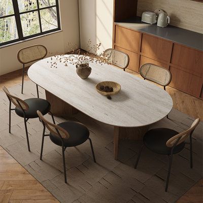 This dining table set combines modern aesthetics with pragmatism to add a touch of flair to your home space | GOGOFAUC Oval Dining Set Brown/White 29.52 x 62.99 x 31.49 in, Wood | GGOF1103_98199958 | Wayfair Canada Oval 8 Seater Dining Table, Oval Dinning Table, Oval Glass Dining Table, Wood Oval Dining Table, Saarinen Oval Dining Table, Modern Oval Dining Table, Dining Table Oval, Oval Dining Room Table, Spanish Kitchen