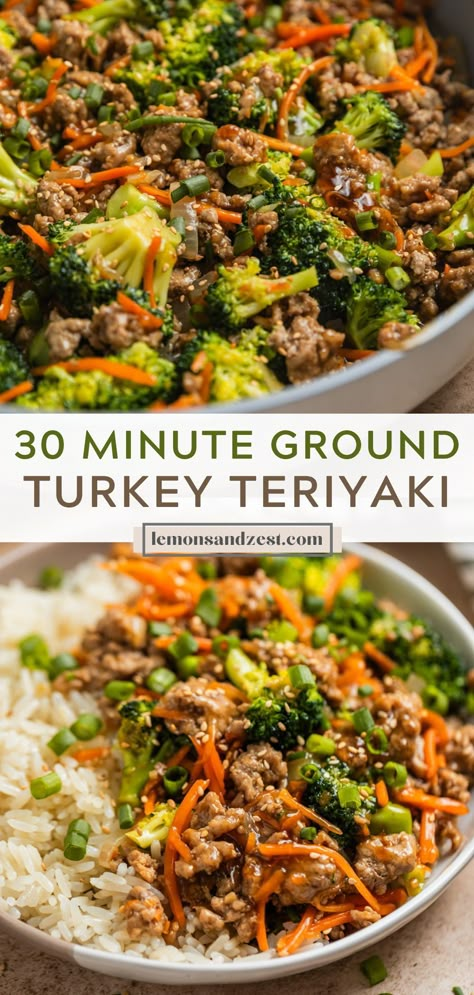 A simple weeknight dinner ready in under 30 minutes, this Ground Turkey Teriyaki Stir Fry is just the right amount of sweet and savory. A simple homemade teriyaki sauce is easier than you think--with a hint of orange zest and all the flavor the whole family will love! Hamburger In A Bowl Whole 30, Weeknight Dinner Prep Ahead, Advocare Dinner Recipes, Healthy Dinner Recipes With Steak, Things To Bring To A Cookout, Healthy College Lunch Ideas, High Protein Nutrient Dense Meals, Healthy Unique Dinner Recipes, Healthy But Filling Meals