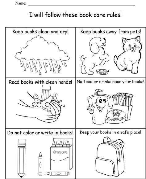 Library Worksheets For Kindergarten, Elementary School Library Rules, Library Skills Worksheets Free Printable, Library Worksheets Free Printable, Book Care Activities, Library Activities Elementary, Kindergarten Library Activities, Book Care Rules, Kindergarten Library Lessons