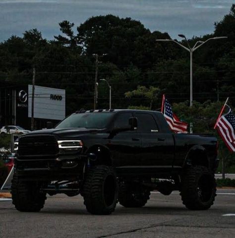 Black Big Trucks, Jacked Up Ram Trucks, Jacked Up Trucks Dodge, Black Jacked Up Trucks, Black Lifted Trucks, Black Ram Truck, Black Truck Aesthetic, Ram Trucks Lifted, Dodge Trucks Lifted