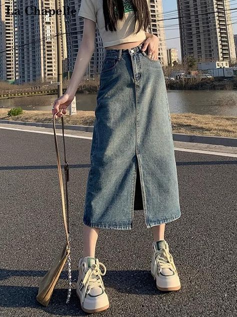 Rok Jeans Wanita Split A-Line Rok Jeans Wanita Highwaist Korean Style Rok midi Import Casual Jean Long Skirt, Rok Jeans, Bodycon Skirt, Medium Length, Denim Skirt, Split, High Waisted, Skirt, Design