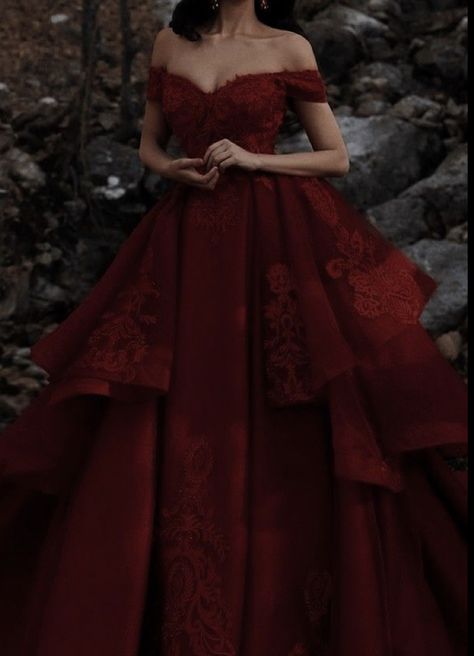 Black Red Dress Gown, Scarlet Dress Red Gowns, Red Ballroom Dress Ball Gowns, Maroon Dresses Aesthetic, Red Dress Yule Ball, Red Medevil Dress, Elegant Deep Red Dress, Dark Princess Aesthetic Dress, Dark Ballgown Aesthetic