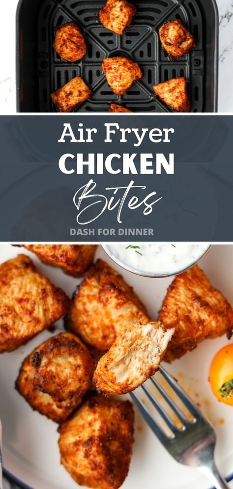 Whether you're looking for air fryer dinner recipes or ways to use chicken breasts, this easy recipe for Air Fryer Chicken Bites is sure to be a new favorite! Made with just a few simple ingredients, this chicken breast recipe is unbreaded, gluten-free, and low carb. It's perfect for meal prep, weeknight dinners, and makes the perfect high protein option for your favorite healthy dinners! Keto Lunch Ideas Meal Prep, Airfryer Chicken Nuggets Healthy Recipes, Chicken Recipes For Dinner Air Fryer, Easy Dinners Air Fryer, Air Fryer Chicken Fajitas Easy, Best Chicken Air Fryer Recipes, Healthy Chicken Recipes Meal Prep, Air Fried Chicken Recipes Healthy, Keto Air Fryer Chicken Breast