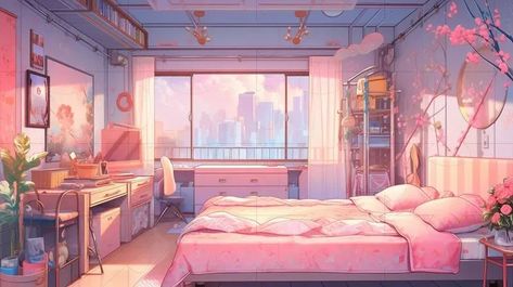 Lofi Aesthetic Wallpaper Horizontal, Pink Room Background, Anime Bedroom Drawing, Lofi Bedroom, Bedroom Backgrounds, Anime Bedroom Background, Cozy Pics, Anime Houses, Bedroom Anime