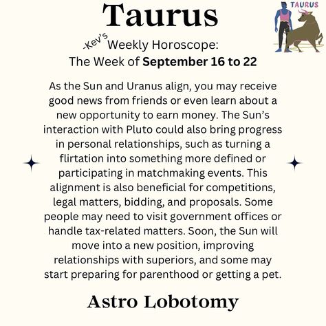 Follow so you don’t miss anything 🧠🧠 New uploads every day, if you don’t see your sign, come back tomorrow! September 16 to September 22, 2024 horoscope for Taurus ♉️ #zodiac #horoscope #taurus Weekly Horoscope, Horoscope Taurus, How To Improve Relationship, Personal Relationship, September 16, September 22, Zodiac Horoscope, Taurus Zodiac, New Opportunities