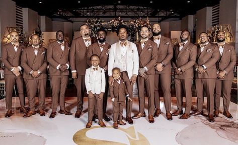 Nude Color Wedding Theme, Nude Wedding Theme, Brown Suit Wedding, Brown Groomsmen, Black People Weddings, Brown Wedding Themes, Black Tuxedo Wedding, Emerald Wedding Colors, Ring Bearer Suit