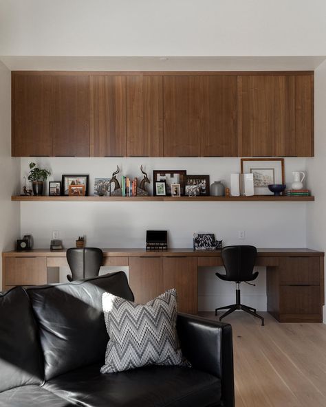 The sleek home office from the Modern Canyon Build. The built in desk is made from a warm walnut and offers ample storage and workspace.… | Instagram Modern Office Built In Cabinets And Desk, Mid Century Modern Office Built In, Built In Desk With Drawers, Modern Built In Desk, Built In Office Desk And Cabinets, Home Office Library Ideas, White Oak Desk, Modern Walnut Kitchen, Timber Desk