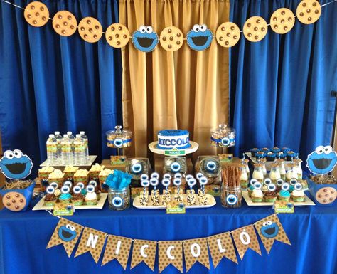 Amazing Cookie Monster birthday party dessert table! See more party ideas at CatchMyParty.com! Cookie Monster Party Decorations, Baby Boy Birthday Decoration, Birthday Party Dessert Table, Cookies Monster, Cookie Monster Birthday Party, Baby Boy Cookies, Monster Baby Showers, Monster Birthday Party, Monster 1st Birthdays