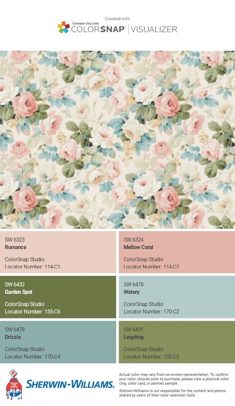 I just created this color palette with the Sherwin-Williams ColorSnap® Visualizer app on my Android phone. What do you think? You can learn more about ColorSnap Visualizer and get it on your phone free by visiting https://www.sherwin-williams.com/content/colorsnap.html. House Wall Color Palette, Sunroom Color Palette, Soft Floral Color Palette, Granny Chic Color Palette, Cottagecore House Color Scheme, Anthropology Color Palette, Bathroom Color Schemes Pink, French Countryside Paint Colors, Cottagecore Bedroom Color Palette